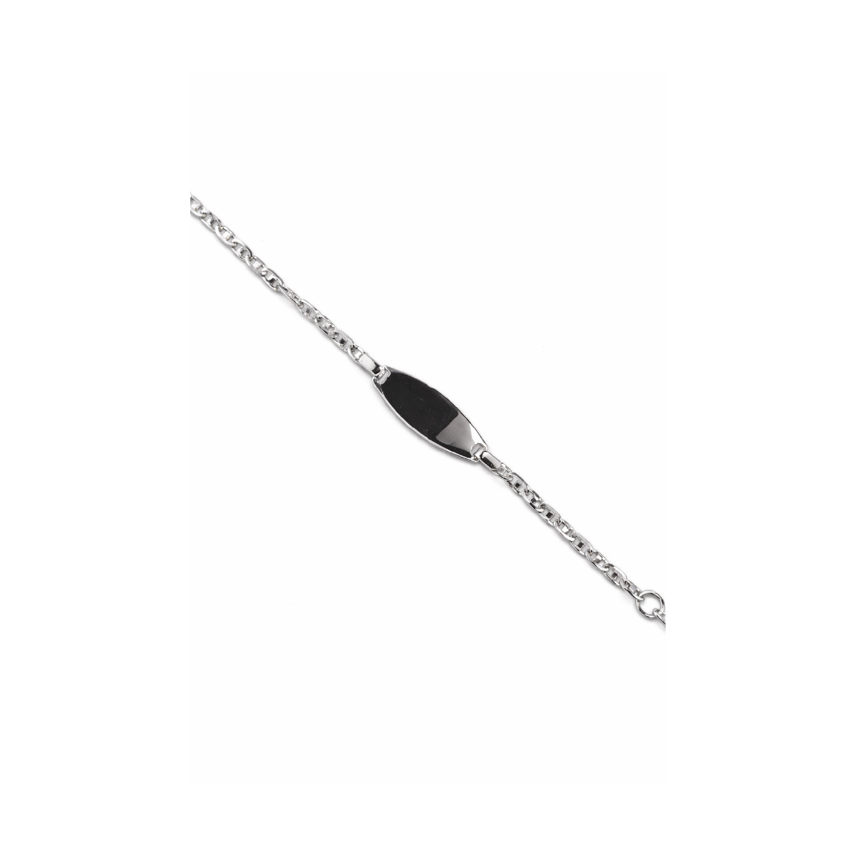 Silbernes Identitätsarmband mit schwarzem Schild, filigraner Kettenstil für elegante Schmucktrends.