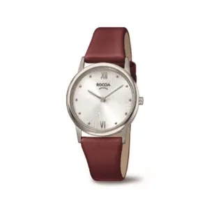 Titan-Uhr mit rotem Lederarmband und silbernem Zifferblatt, minimalistisches Design. Optimal für Alltag und Eleganz.