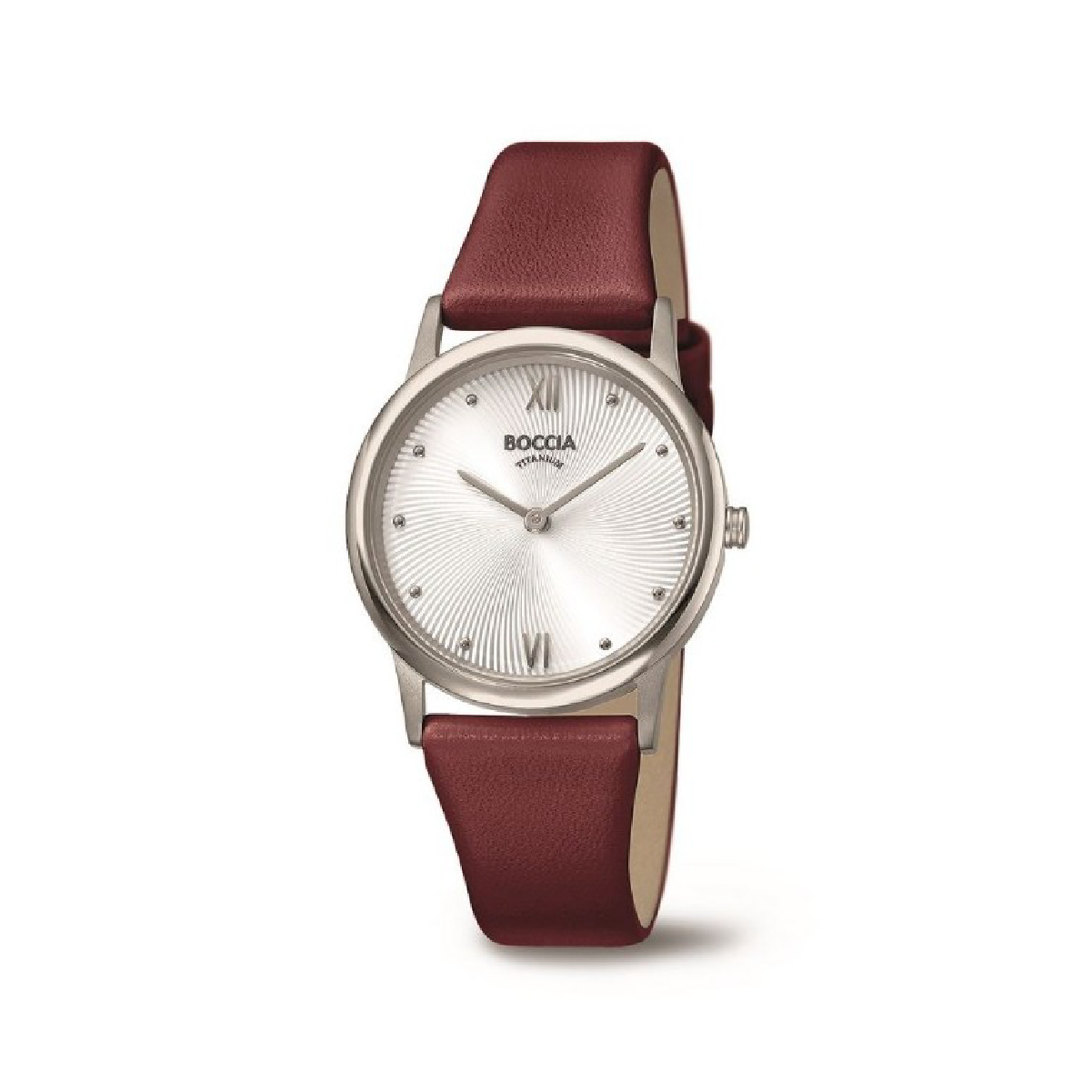 Titan-Uhr mit rotem Lederarmband und silbernem Zifferblatt, minimalistisches Design. Optimal für Alltag und Eleganz.