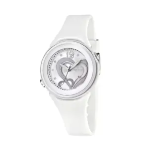 Stylische weiße Armbanduhr mit Herzdesign und silbernem Zifferblatt für modebewusste Damen. Ideal für elegante Anlässe.