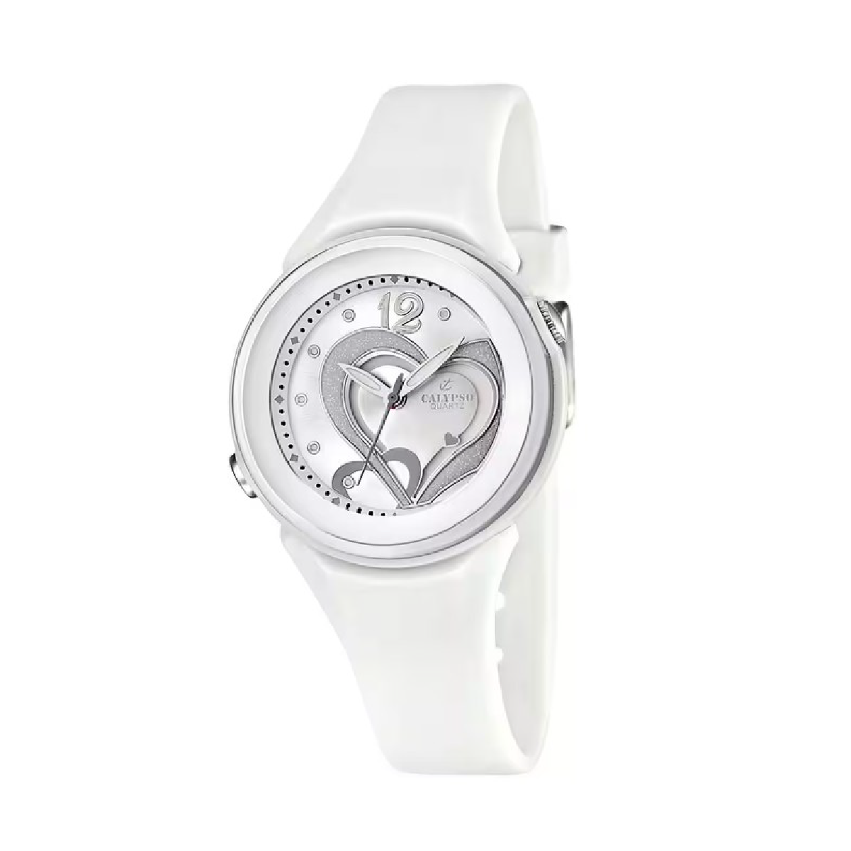 Stylische weiße Armbanduhr mit Herzdesign und silbernem Zifferblatt für modebewusste Damen. Ideal für elegante Anlässe.
