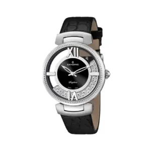 Luxuriöse Armbanduhr mit schwarzem Zifferblatt, römischen Zahlen und schwarzem Lederarmband, elegantes Design.