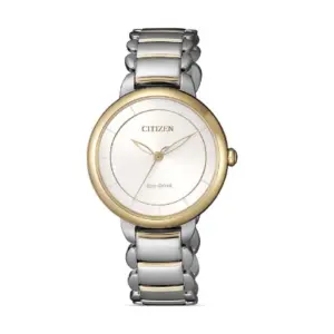 Elegante Citizen Eco-Drive Damenuhr mit goldener Lünette und silbernem Armband, Solarantrieb, stilvolles Design.