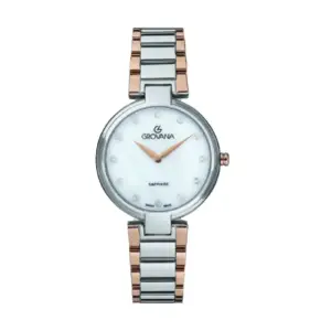 Elegante Damenarmbanduhr Grovana mit zweifarbigem Edelstahlarmband und weißen Zifferblatt mit Kristallen.