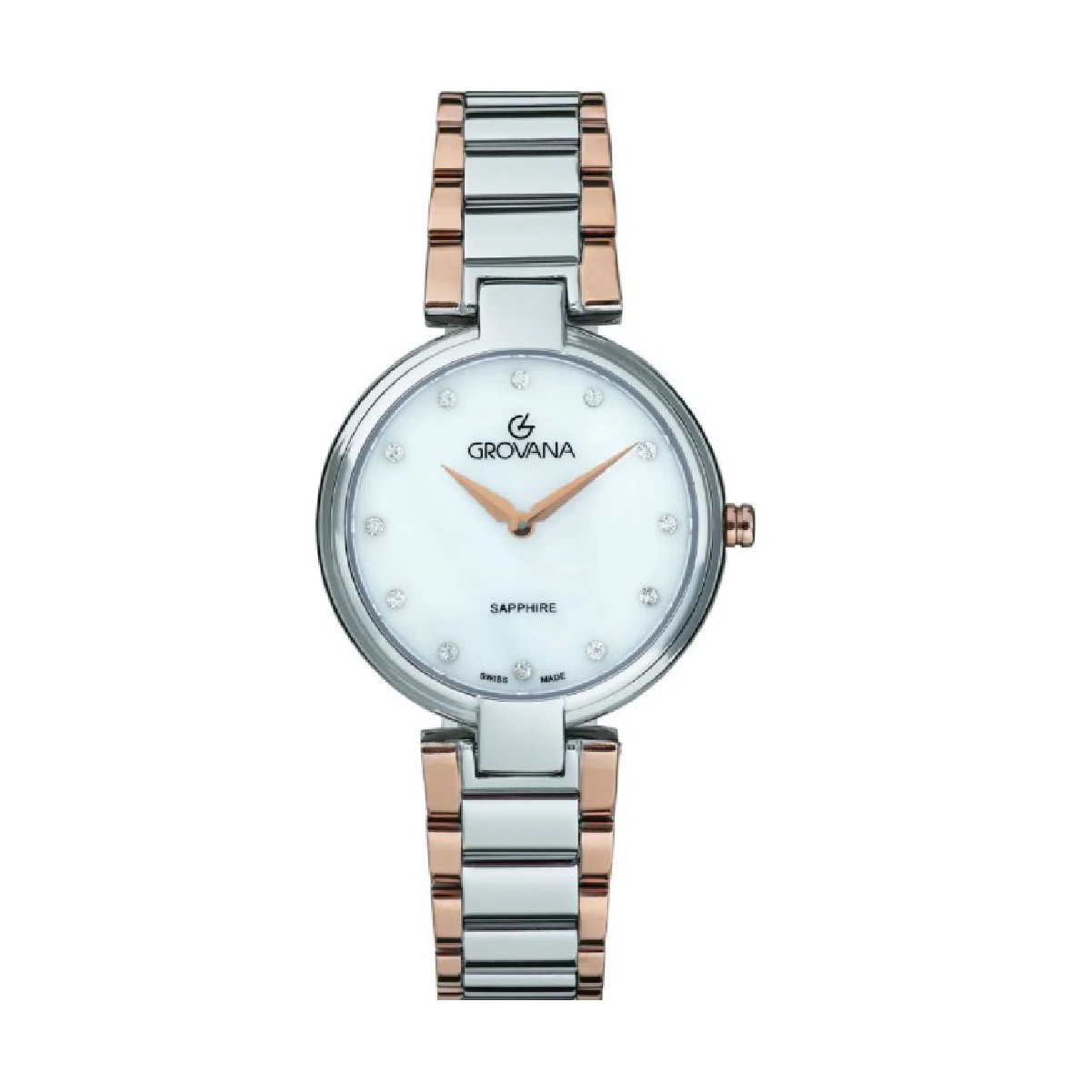 Elegante Damenarmbanduhr Grovana mit zweifarbigem Edelstahlarmband und weißen Zifferblatt mit Kristallen.