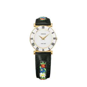 Schweizer Uhr mit weißem Zifferblatt, goldenen Akzenten und schwarzem Armband mit Blumenstickerei.