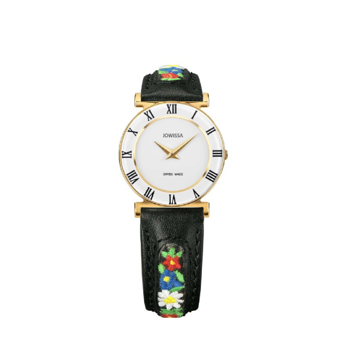 Schweizer Uhr mit weißem Zifferblatt, goldenen Akzenten und schwarzem Armband mit Blumenstickerei.