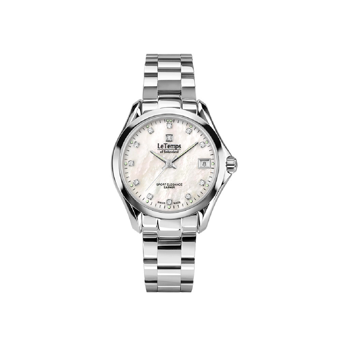 Luxuriöse silberne Armbanduhr LeTemps mit Perlmuttzifferblatt und Datumsanzeige, ideal für stilvolles Zeitmanagement.