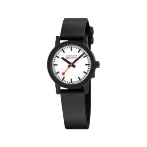 Schlichte Armbanduhr mit schwarzem Gehäuse und Band, weißem Zifferblatt und roten Zeigern – modernes Design.
