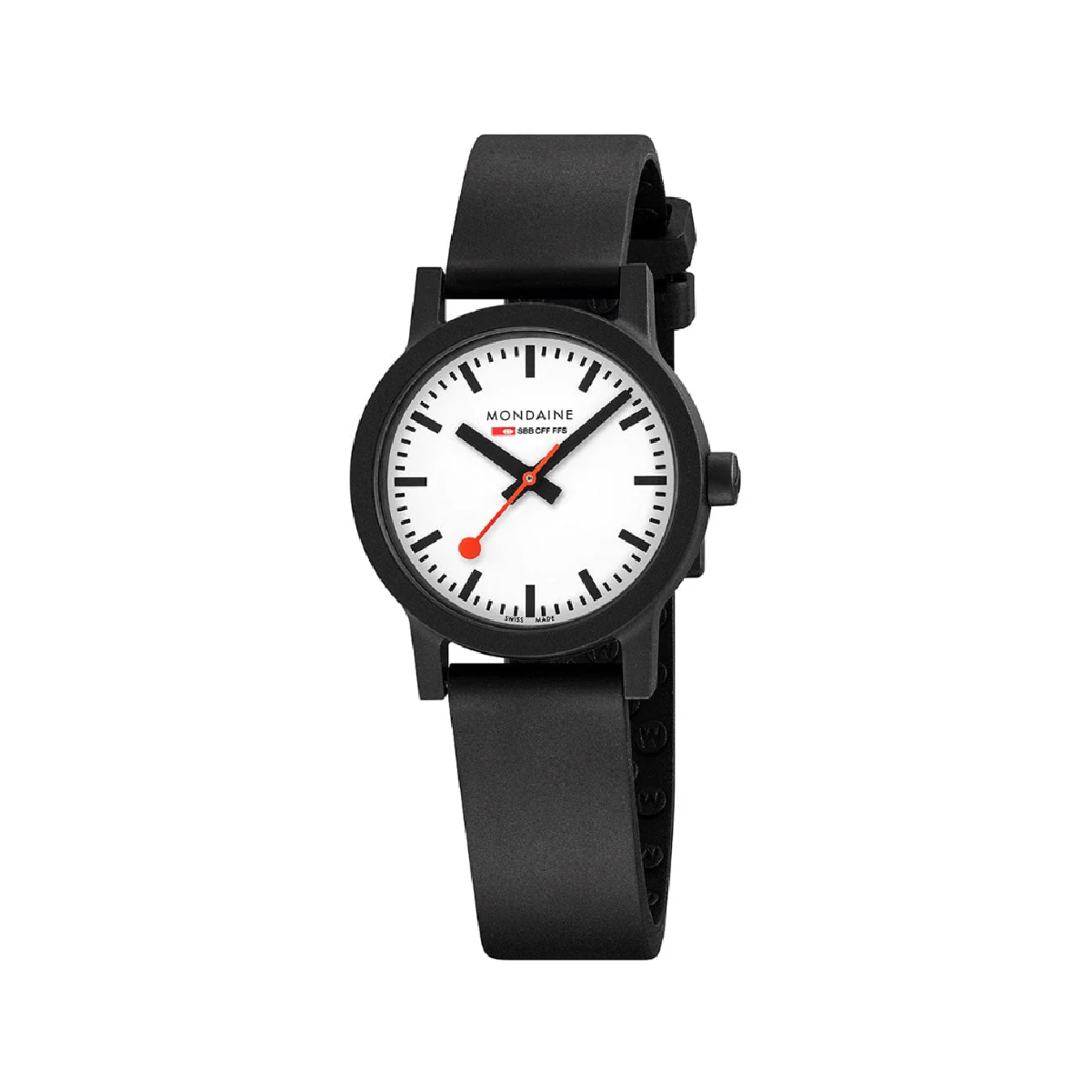 Schlichte Armbanduhr mit schwarzem Gehäuse und Band, weißem Zifferblatt und roten Zeigern – modernes Design.
