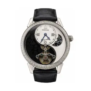 Luxuriöse Armbanduhr mit Yin-Yang-Design und verziertem, edlem Zifferblatt sowie schwarzem Lederarmband.