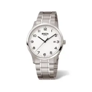 Silberne Armbanduhr mit weißem Zifferblatt, schwarzen Ziffern und Datumsanzeige, markant und elegant.