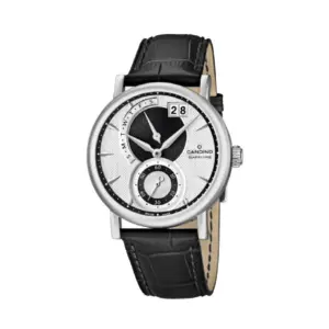 Elegante Herrenuhr mit schwarzem Lederarmband, Datumsanzeige und silbernem Zifferblatt. Ideal für formelle Anlässe.
