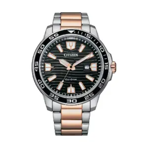 Citizen Eco-Drive Herrenarmbanduhr in Silber und Gold mit Wellenzifferblatt und Datumsanzeige.