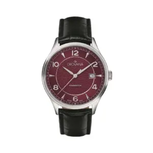 Elegante Grovana Uhr mit weinrotem Ziffernblatt und schwarzem Lederarmband, ideal für stilvolle Anlässe.