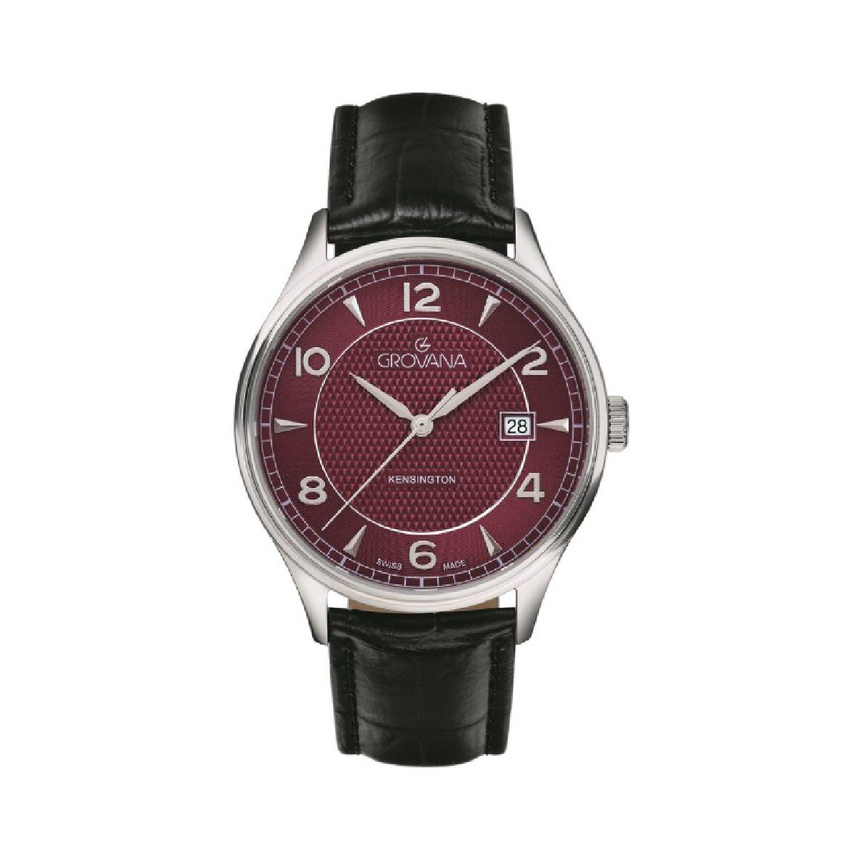 Elegante Grovana Uhr mit weinrotem Ziffernblatt und schwarzem Lederarmband, ideal für stilvolle Anlässe.