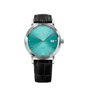 Elegante Schweizer Armbanduhr mit türkisfarbenem Zifferblatt, silbernem Gehäuse und schwarzem Lederarmband.