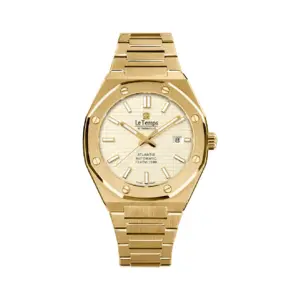 Goldene Armbanduhr Le Temps of Switzerland, automatisches Modell Atlantis, elegantes Design, wasserfest bis 100m.