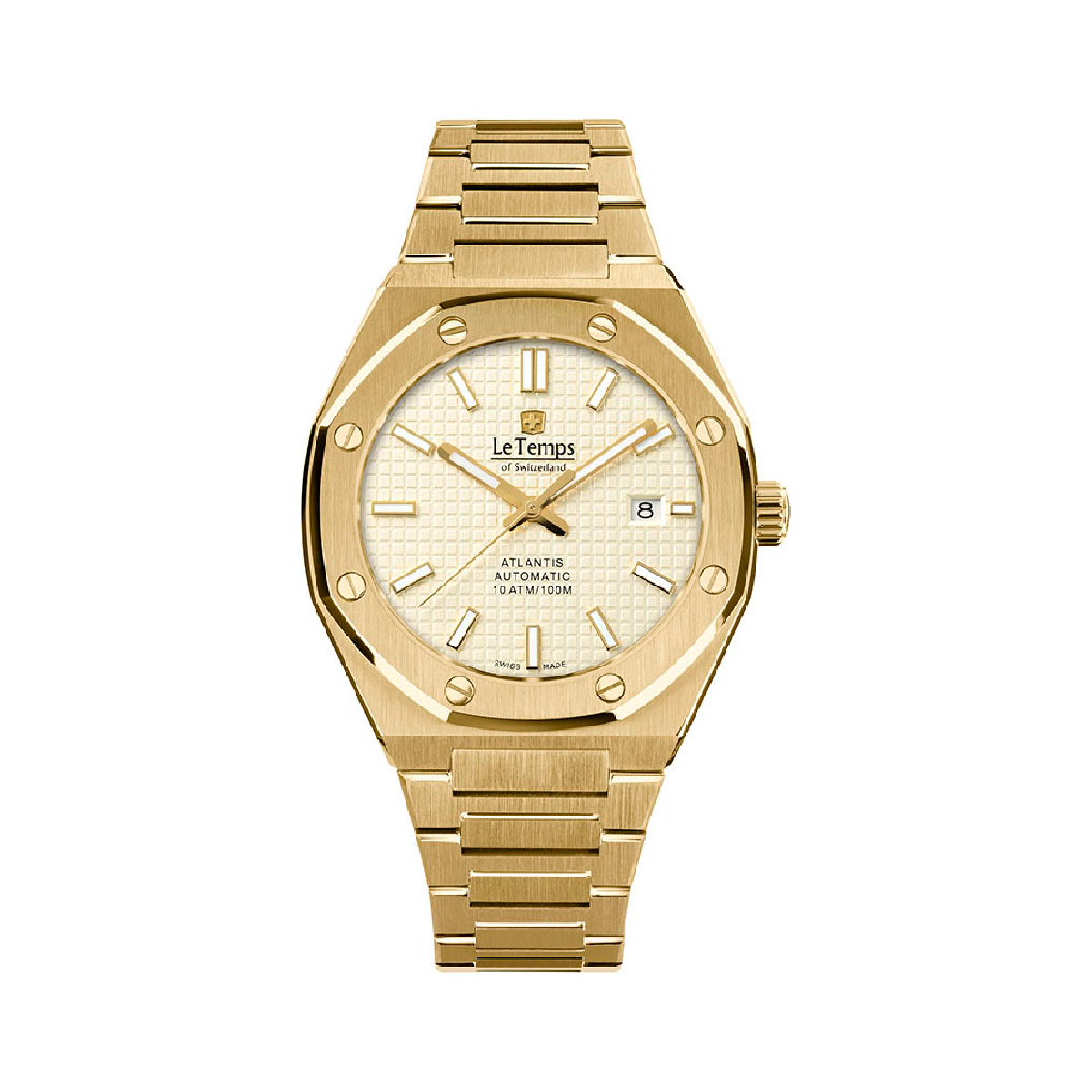 Goldene Armbanduhr Le Temps of Switzerland, automatisches Modell Atlantis, elegantes Design, wasserfest bis 100m.
