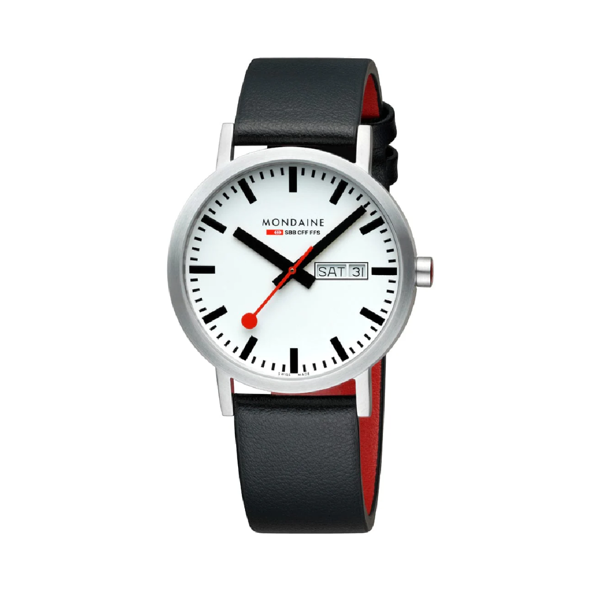 Schweizer Mondaine Armbanduhr mit schwarzem Lederarmband, weißem Zifferblatt, roten Akzenten und Datum, Detailansicht.