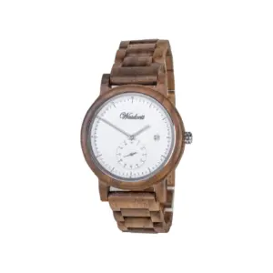 Holzuhr mit weißem Zifferblatt und braunem Armband, minimalistisches Design. Perfekt für umweltbewusste Uhrenträger.