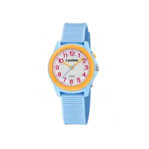 Bunte Kinderuhr mit hellblauem Armband, gelbem Gehäuse und roten Ziffern auf dem Zifferblatt.