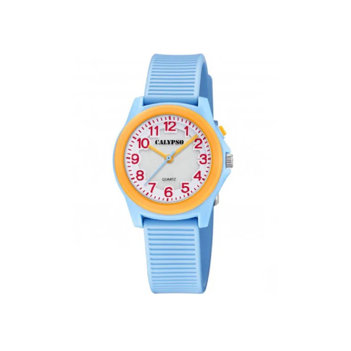 Bunte Kinderuhr mit hellblauem Armband, gelbem Gehäuse und roten Ziffern auf dem Zifferblatt.