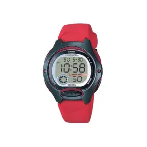 Rote digitale Casio-Armbanduhr mit Runddisplay und schwarzen Akzenten, zeigt 10:58 Uhr an, mit Alarmfunktion.