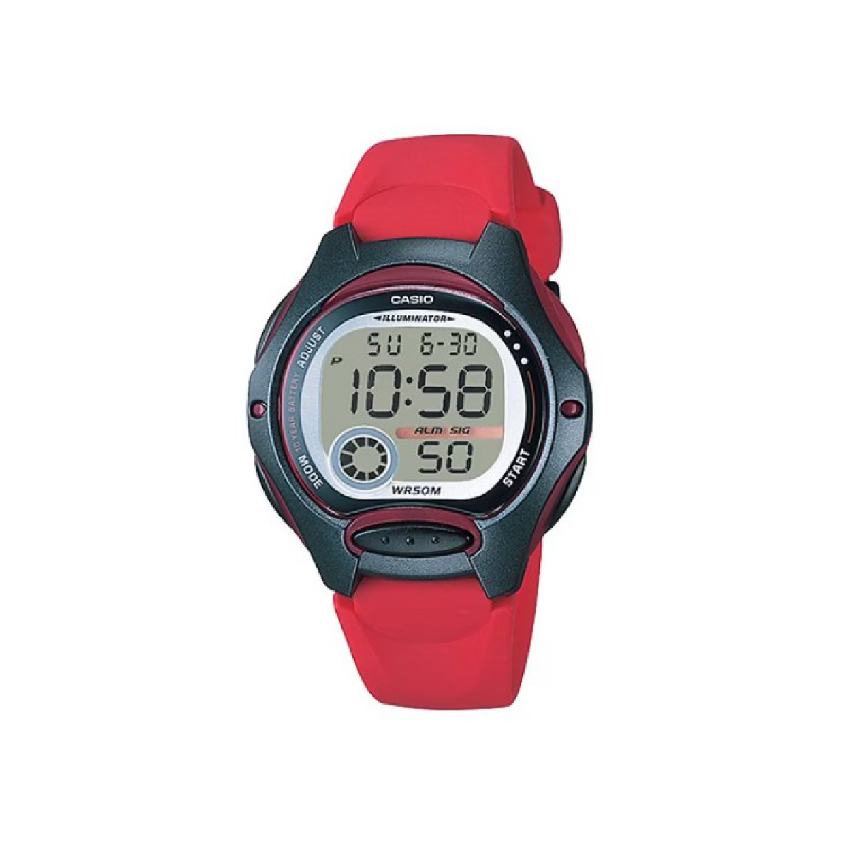 Rote digitale Casio-Armbanduhr mit Runddisplay und schwarzen Akzenten, zeigt 10:58 Uhr an, mit Alarmfunktion.