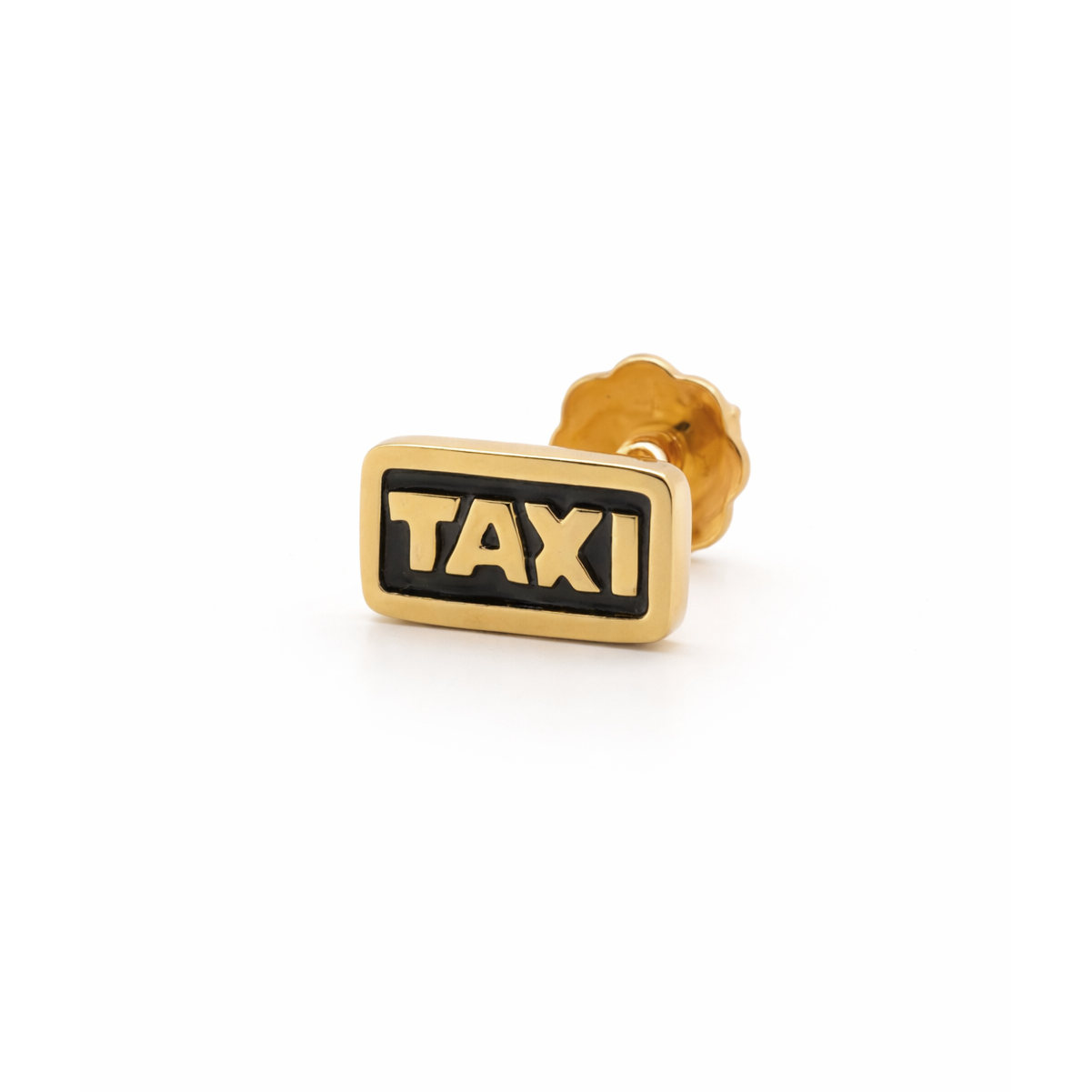 Goldene Taxi-Ohrringe mit schwarzem Schriftzug auf weißem Hintergrund. Elegantes Accessoire für Trendsetter.