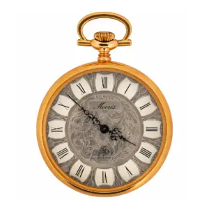 Goldene Taschenuhr mit römischen Ziffern und filigranem Zifferblatt-Design, edles Vintage-Schmuckstück.