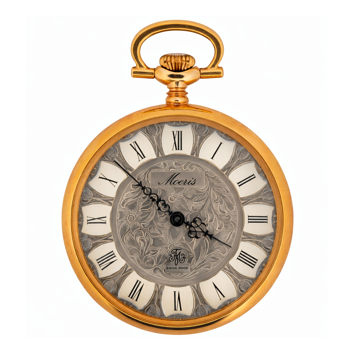 Goldene Taschenuhr mit römischen Ziffern und filigranem Zifferblatt-Design, edles Vintage-Schmuckstück.