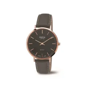 Boccia Titanuhr mit schwarzem Zifferblatt und braunem Lederarmband, elegantes Design für Herrenmode.