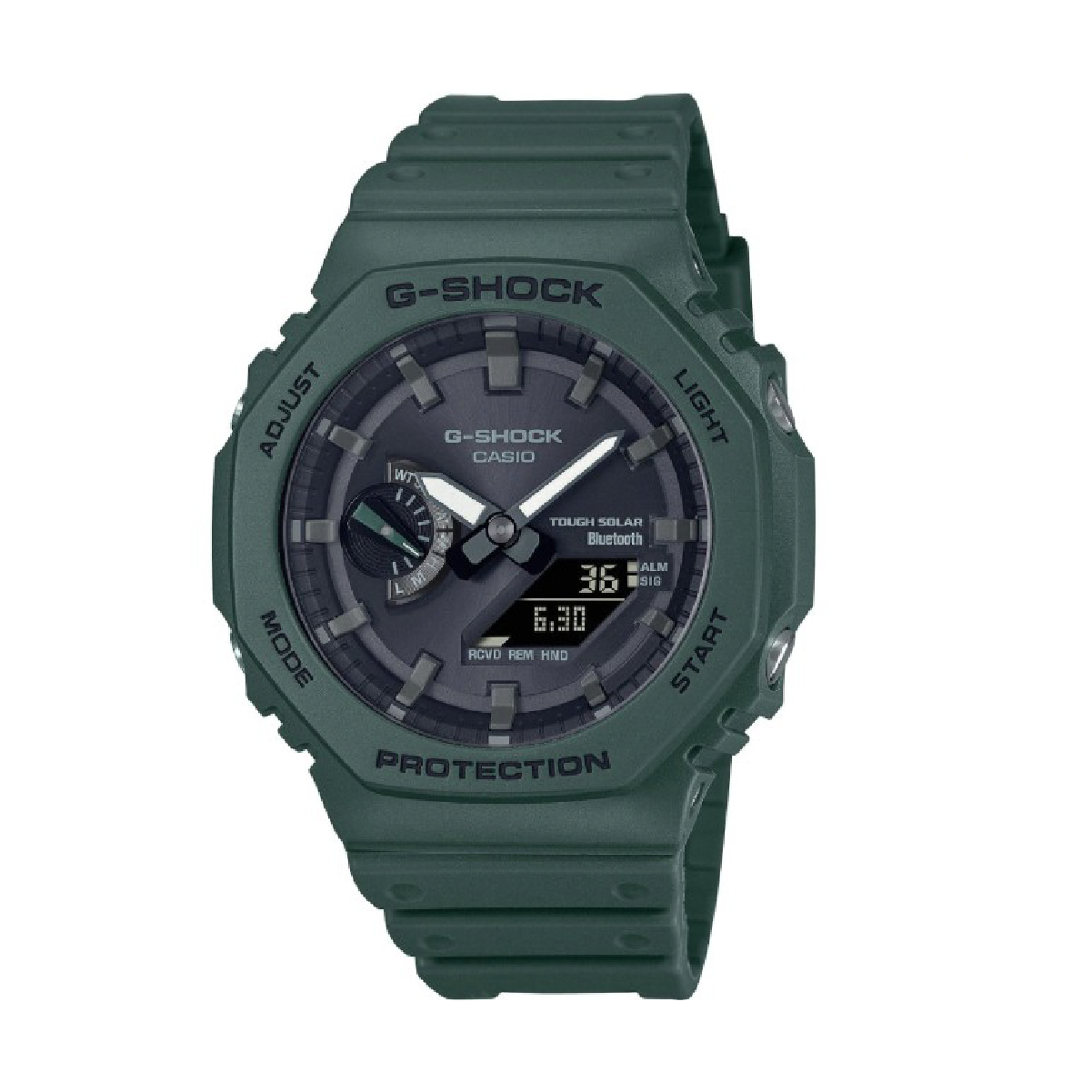 Grüne Casio G-Shock Uhr mit Solarbetrieb und Bluetooth-Funktionalität, elegantes Design und robustes Gehäuse.