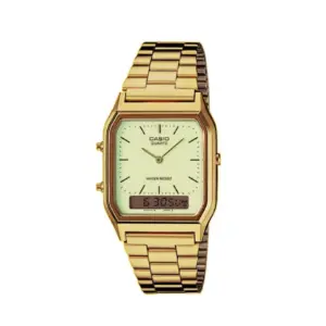 Goldene Casio Quarzuhr mit rechteckigem Zifferblatt und digitaler Anzeige. Retro-Design, wasserabweisend.