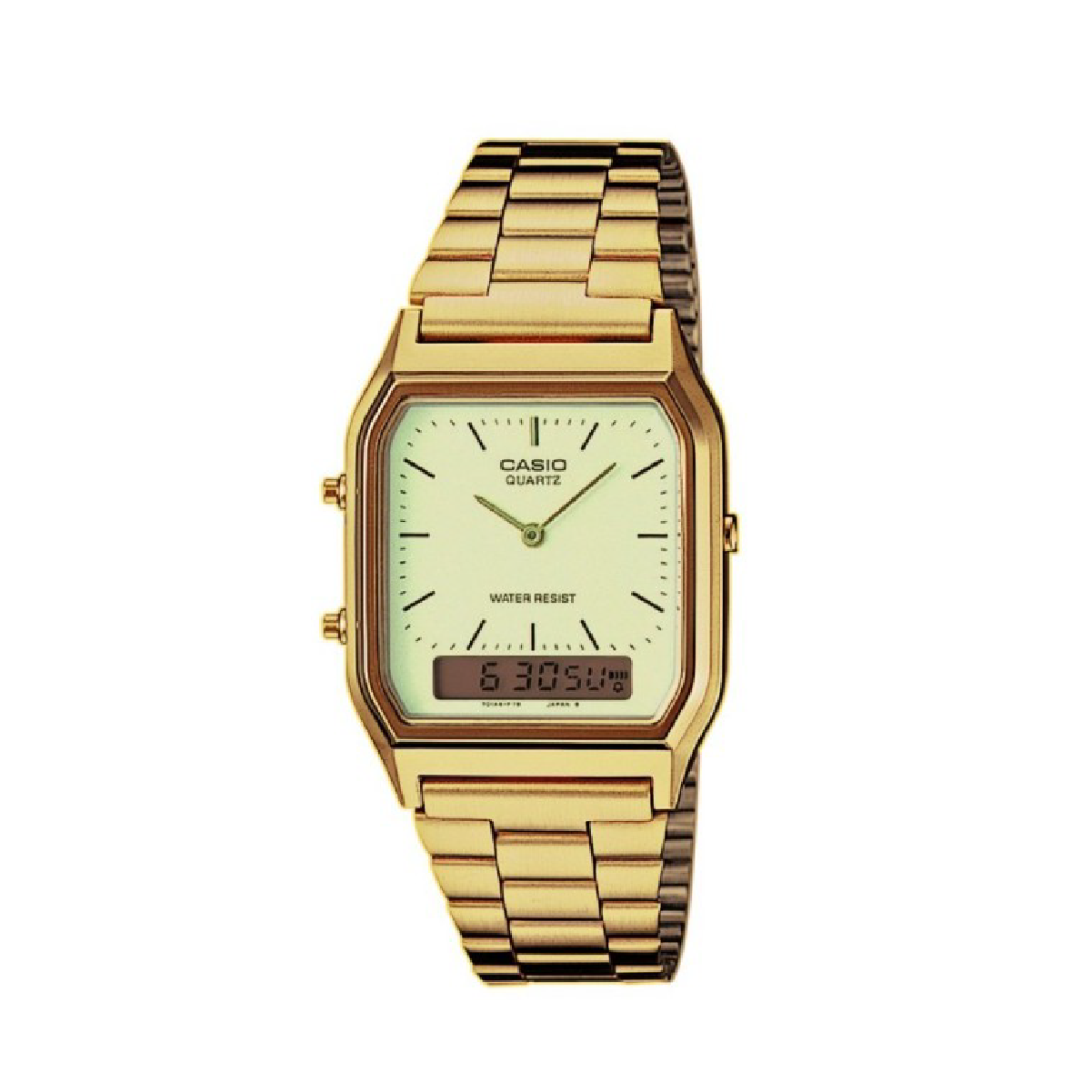 Goldene Casio Quarzuhr mit rechteckigem Zifferblatt und digitaler Anzeige. Retro-Design, wasserabweisend.