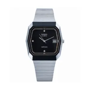 Rado DiaStar Herren-Uhr, schwarz Zifferblatt, silbernes Armband, rechteckiges Gehäuse, Datum bei 3 Uhr.