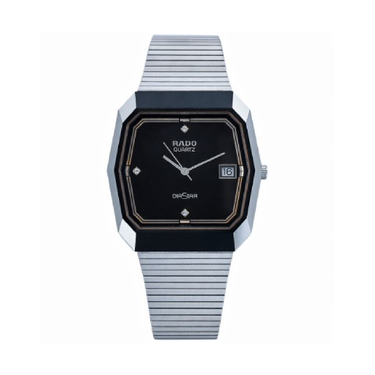 Rado DiaStar Herren-Uhr, schwarz Zifferblatt, silbernes Armband, rechteckiges Gehäuse, Datum bei 3 Uhr.